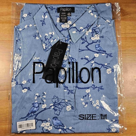 Papillon Cherry Blossom and Bird Print Collared Shirt, Women's, Medium, Blue - Picture 3 of 5